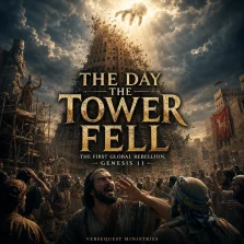 Cinematic KJV Bible study image showing the Tower of Babel collapsing under God’s judgment in Genesis 11 as mankind’s first global rebellion is brought to an end through the confusion of languages.