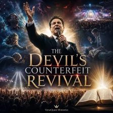 KJV Bible study image showing a false revival preacher, dramatic signs, emotional crowds, and spiritual deception beneath a dark satanic influence.