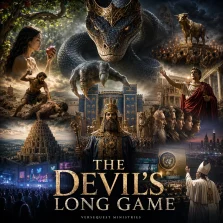 KJV Bible study image tracing Satan’s long-term strategy from Eden through Babel, false religion, world systems, and the coming Antichrist kingdom.