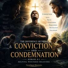 Cinematic Bible study image contrasting the Holy Spirit’s conviction with Satan’s condemnation, showing a wounded believer finding forgiveness, restoration, and peace through Jesus Christ.