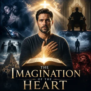 The Imagination of the Heart series poster showing a man before an open Bible, with scenes of lust, pride, fear, Babel, and spiritual warfare.