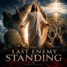 KJV Bible study image showing the risen Jesus Christ standing in victory as death, graves, and darkness are defeated, based on 1 Corinthians 15:26.