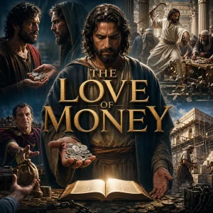 The Love of Money KJV Bible study series poster showing Christ, silver coins, betrayal, temple cleansing, Scripture, and stewardship.