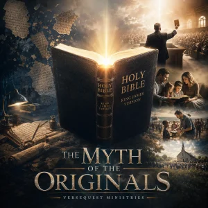 Cinematic poster for The Myth of the Originals showing a glowing KJV Bible, manuscript fragments, preaching, family Bible study, and ministry outreach.