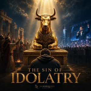 Cinematic VerseQuest poster featuring a golden calf between ancient worshippers and a modern crowd, titled The Sin of Idolatry.