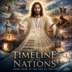The Timeline of the Nations poster showing Christ at the center of history with Adam, the Flood, Babel, Rome, the cross, and the end of the age.