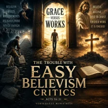 Cinematic KJV Bible study poster contrasting grace and works, showing a sinner approaching Christ through faith while religion burdens men with rules, merit, and self-effort.