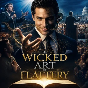 Cinematic poster for The Wicked Art of Flattery, showing smooth speech, hidden motives, and KJV truth exposing spiritual deception.