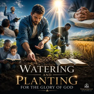Cinematic series poster showing planting, watering, prayer, Scripture, and harvest imagery for Watering and Planting for the Glory of God.
