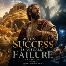 KJV Bible study image showing the Rich Fool surrounded by overflowing barns and earthly wealth while facing sudden judgment in Luke 12:16–21.
