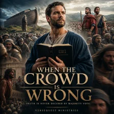 KJV Bible study image showing a believer holding Scripture while standing against a crowd, based on Exodus 23:2 and biblical majority error.
