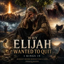 Cinematic KJV Bible study poster showing a weary Elijah beneath the juniper tree after Mount Carmel, with Jezebel’s threat, God’s provision, and his restoration in 1 Kings 19.
