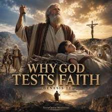 Cinematic KJV Bible study poster showing Abraham and Isaac on Mount Moriah, the raised knife, the provided ram, and the cross, illustrating why God tests faith.