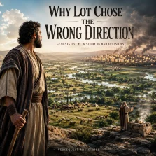KJV Bible study image showing Lot looking toward Sodom from Genesis 13, choosing the well-watered plain and the wrong direction.