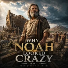 KJV Bible study image showing Noah standing by the ark before the flood, representing faith before evidence from Genesis 6.
