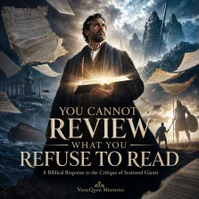 Cinematic VerseQuest poster showing a Bible teacher holding a glowing open Bible while torn critique pages, ancient giants, Noah’s ark, and a David-and-Goliath scene surround him.