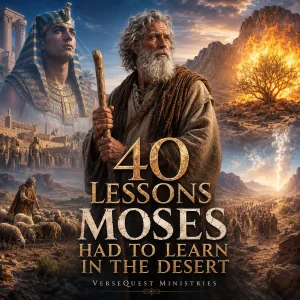 Moses holds the rod of God between Egypt and the burning bush in a cinematic poster for 40 Lessons Moses Had to Learn in the Desert.