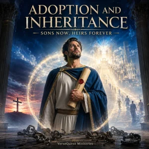 Redeemed believer holding a sealed inheritance scroll beside broken chains, Calvary’s cross, and a radiant heavenly city representing adoption and heirship in Christ.