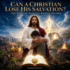 Risen Christ securely holding a believer above an open Bible, surrounded by symbols representing eternal security and ten warning passages rightly divided.