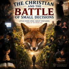 Red fox standing among vineyard vines surrounded by scenes of everyday Christian choices, illustrating the little foxes of Song of Solomon 2:15.