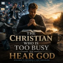 Christian praying over an open Bible between a chaotic city full of notifications and a peaceful mountain lake, illustrating Psalm 46:10 and biblical stillness.