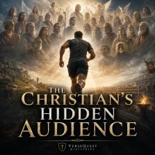Christian runner surrounded by heavenly witnesses and biblical figures, illustrating Hebrews 12:1 and the call to run faithfully while looking unto Jesus.