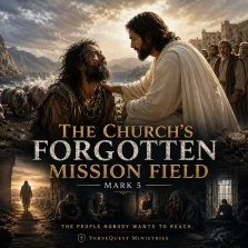 Jesus Christ reaching the tormented man of Mark 5 near the tombs, illustrating the church’s mission to bring the gospel to forgotten and rejected people.