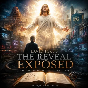 David Icke’s The Reveal Exposed series image showing Jesus Christ, an open KJV Bible, Babylon, media deception, and the serpent.