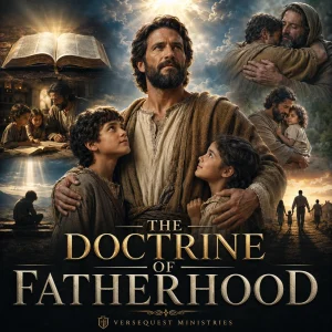Cinematic KJV Bible poster for The Doctrine of Fatherhood, showing a father with children, open Bible, family scenes, and heavenly light.
