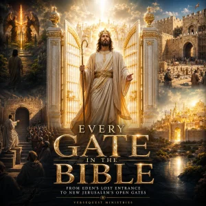 Christ standing before radiant open gates, showing Every Gate in the Bible from Eden’s lost entrance to New Jerusalem’s open gates.