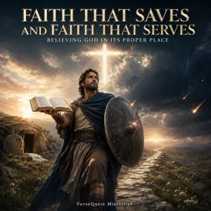 Cinematic biblical artwork symbolizing saving faith in Jesus Christ and the believer’s continuing walk of faithful Christian service.