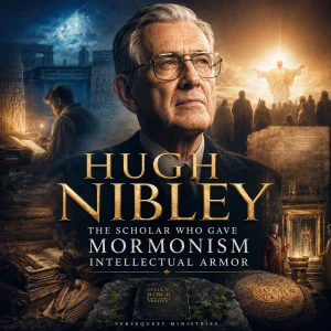 Hugh Nibley Mormon apologetics poster featuring ancient manuscripts, Egyptian imagery, LDS themes, and a King James Bible examination.