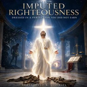 A believer receives a spotless white robe beneath the cross while filthy garments, Adam’s fallen record, and heavenly scales illustrate imputed righteousness.