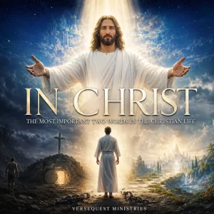 Cinematic biblical poster centered on the victorious risen Christ, representing the believer’s identity, security, heavenly position, and future glory in Him.