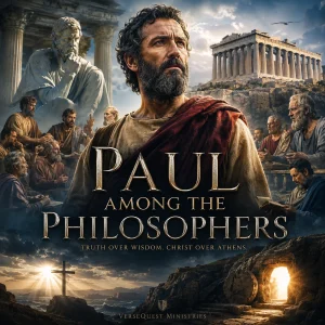 Paul preaching Christ over the philosophers of Athens with the cross, empty tomb, and Greek temples symbolizing biblical truth over human wisdom.