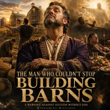 Wealthy man surrounded by larger barns, abundant grain, and luxury while facing God’s judgment in Jesus’ parable of the rich fool in Luke 12.