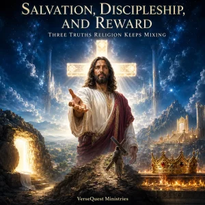 Risen Christ before a luminous cross with an open tomb, a cross-bearing disciple, and a crown representing salvation, discipleship, and reward.
