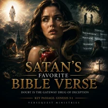 Cinematic KJV Bible study poster showing Eve with the serpent and forbidden fruit while scenes of doubt, Scripture, temptation, and Christ illustrate Genesis 3:1.