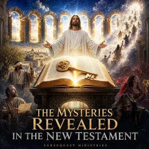 Jesus Christ stands above an open Bible and golden key, surrounded by scenes representing Israel, Paul, the Rapture, and Mystery Babylon.