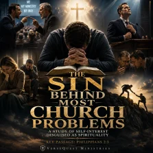 Christian praying over an open Bible beneath a cross while surrounding scenes depict pride, arguments, gossip, church conflict, and selfless service.
