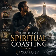 Christian holding a Bible near a lighthouse while a small boat drifts through rough seas, illustrating spiritual coasting and the warning of Hebrews 2:1.