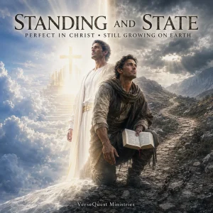 The same Christian shown in a white heavenly garment and as a dusty earthly pilgrim, illustrating perfect standing in Christ and a developing daily state.