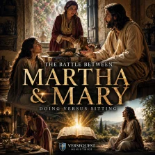 Cinematic KJV Bible study poster showing Martha serving anxiously while Mary sits at Jesus’ feet and hears His word in Luke 10:38–42.