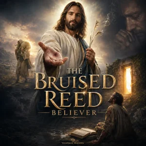Christ holds a bruised reed and reaches toward a wounded believer, showing KJV hope for damaged saints restored by the Good Shepherd.