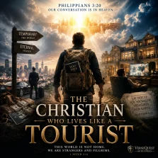 Cinematic Christian pilgrim carrying a Bible toward a heavenly city while earthly wealth, comfort, entertainment, and possessions surround his journey.