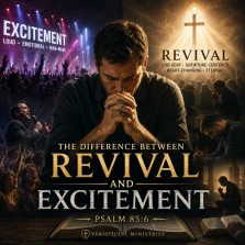 Cinematic Christian praying over an open Bible between scenes of religious excitement and true revival, illustrating Psalm 85:6 and the difference between emotional hype and God-sent spiritual renewal.