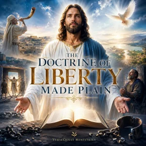 The Doctrine of Liberty Made Plain KJV Bible study poster showing Christ, an open Bible, broken chains, Jubilee imagery, and liberty in Scripture.