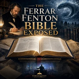 Cinematic poster for The Ferrar Fenton Bible Exposed, showing a King James Bible, translator, serpent shadow, and KJV defense theme.