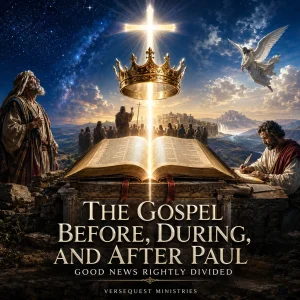 Open King James Bible beneath a radiant cross and crown, surrounded by Abraham, Christ, Paul, an angel, and the returning King.