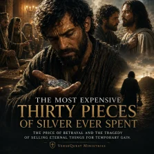 Judas Iscariot holding thirty pieces of silver after agreeing to betray Jesus Christ, illustrating Matthew 26:14–16.